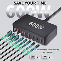 Chargeur USB C 600W, station de charge USB C 8 ports PD 140W 100W, station de charge rapide GaN, hub de charge multi-ports pour ordinateur portable