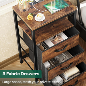 Comodino Rustico Marrone con 3 Cassetti in Marmo e Tessuto, Moderno <span class=keywords><strong>Tavolino</strong></span> da Notte Intelligente con Stazione di Ricarica - Product Image 3