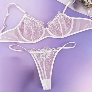 Floral <b>See</b> <b>Through</b> Women Bra Brief Set Underwire Back Closure Sexy Transparent Lingerie Nightwear - Product Image 1