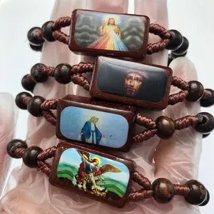 Catholic Decade Bracelet String Braid Knots Natural Wooden Bracelets Divine Mercy Saint Wood Bracelet