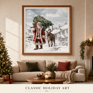 Cuadro <span class=keywords><strong>de</strong></span> Lona Tradicional <span class=keywords><strong>de</strong></span> Navidad con Santa Claus, Pueblo Nevado Vintage y Renos, para Decoración Festiva del Hogar - Product Image 1