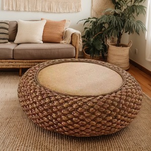 Pouf Rotondo in Giacinto d'Acqua Intrecciato a Mano, Sgabello Artigianale in Rattan, Cuscino da Pavimento per Soggiorno, <span class=keywords><strong>Balcone</strong></span> e Arredamento Casa - Product Image 3