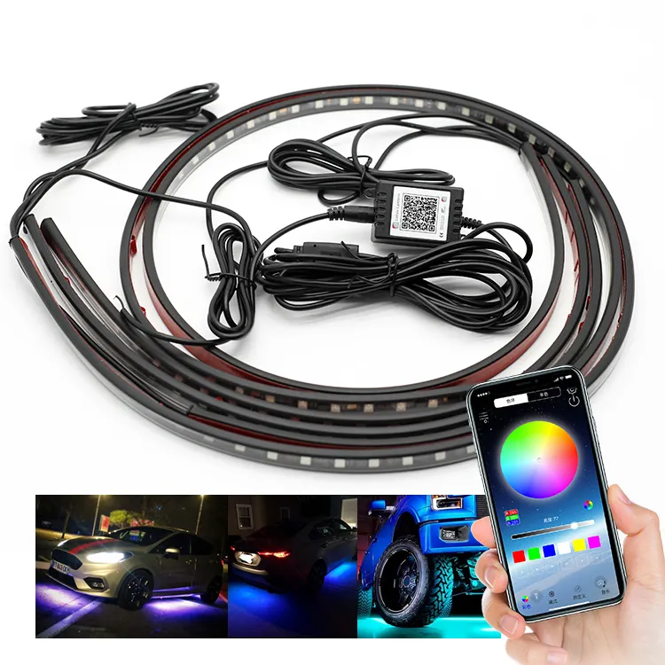 Controle remoto do aplicativo de fluxo, luz de led para carro rgb decoração para baixo do carro 12v 60cm 90cm 120cm