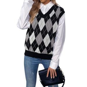 Gilet a Maglia da Donna Moda Autunno e Inverno con Scollo a V e Motivo a Quadri, Indossabile Come Capo Esterno o Interno - Product Image 1