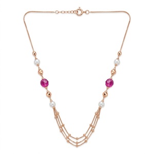 Collier Mala italien en argent 925, finition or rose, cristal rose, perle, bijoux multicouches de créateur pour femmes - Product Image 1