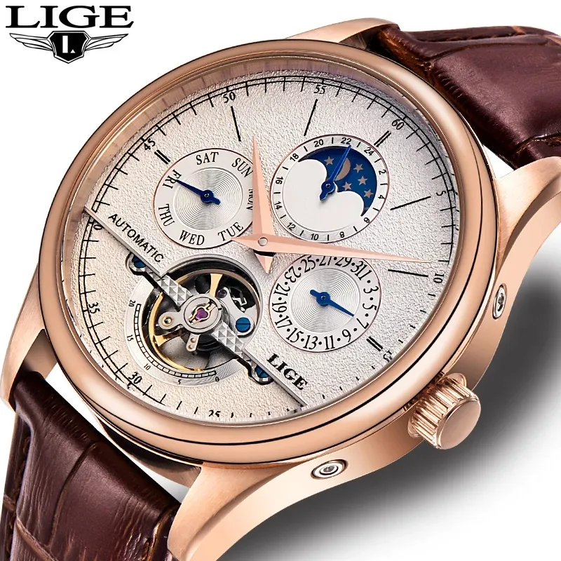 Lige 6826 lige men automatic mechanical watches luxury brand Waterproof tourbillion vintage watches for men