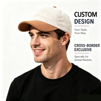 Casquette de baseball personnalisée à 6 panneaux en velours côtelé souple, blocs de couleur, visière incurvée réglable, logo brodé, vente en gros pour hommes et femmes