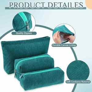 Juego de 3 Bolsas de Maquillaje Verdes - Neceser de Pana para Cosméticos, Organizador de Artículos de Aseo para Viaje, con Base Plana - Product Image 4