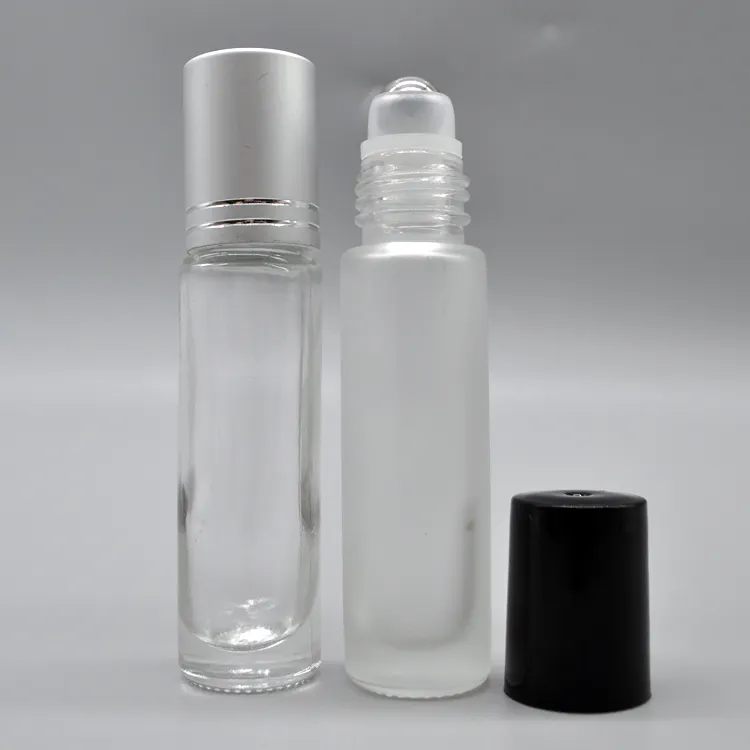 Lüks 10 ml 10 Ml 1/3 Oz temizle siyah parfüm rulo cam şişe parfüm uçucu yağ için Metal rulo şişe