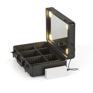 Caja de tocador negra con luces LED, maletín de maquillaje portátil de aluminio, proveedor OEM