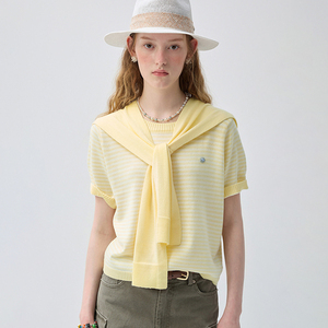 <span class=keywords><strong>Pull</strong></span> en tricot rayé jaune et blanc VEGA CHANG pour femme <span class=keywords><strong>avec</strong></span> châle en tricot intégré et <span class=keywords><strong>manches</strong></span> courtes, style décontracté preppy - Product Image 1