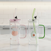 Gobelet en verre borosilicate 12oz avec poignée rose et paille, motif fruits, pour la maison et le bureau
