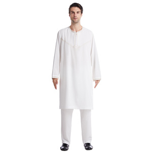 Muslimische Robe Arabische Männer Thobe Islamische Kleidung Naher Osten Bestickte Robe mit Hosen Set - Product Image 3