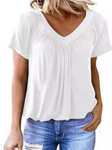 Camiseta informal lavada transpirable de verano para mujer con cuello en V profundo mangas cortas sueltas de secado rápido - Product Image 5