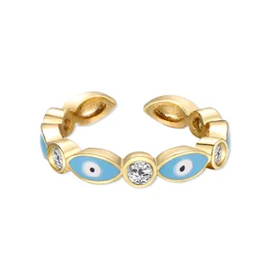 Wholesale Resizable Stainless Steel Gold Plated Zircon Blue Enamel Open Evil Eye Rings Jewelry Women