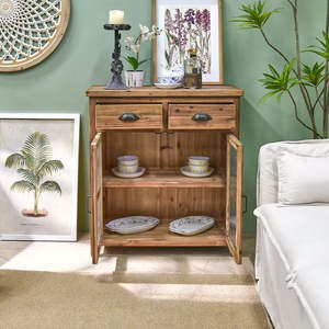 INNOVA <b>Vintage</b> Shabby Chic Rustic Farmhouse Wooden <b>Drawer</b> Cabinet with Glass Door for Living Room & Hotel Storage - Product Image 3