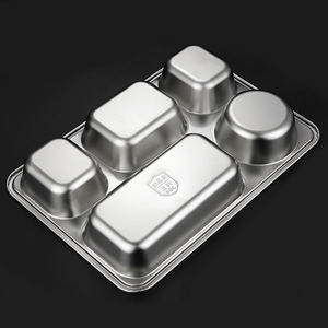 <span class=keywords><strong>Plateau</strong></span> alimentaire divisé en acier inoxydable 304 avec couvercle 4 5 6 compartiments Assiette à dîner rectangulaire pour cantine à usage scolaire - Product Image 5