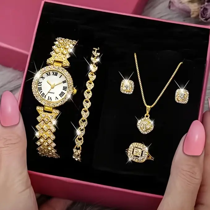 Wholesale Crystal Inlaid Women's Luxurious Watch Bracelet Necklace Earrings Rings Set Quartz Wrist Watch Jewelry Gift