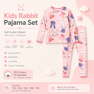 Conjunto de <span class=keywords><strong>Pijama</strong></span> Infantil con Estampado de Conejitos, Algodón y Elastano, Ropa de Dormir para Niñas, Manga Larga, Suave y Transpirable, Personalizable con Marca Privada OEM - Product Image 1