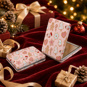 Cadeau de Noël, miroir de maquillage double face, miroir cosmétique compact portable en cuir PU, taille personnalisée, porte-clés, sangle de poignet - Product Image 1