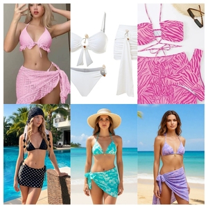 Hight Quality Women Floral Print Bikini 3 Piece Set Crossed Halter <b>Bandeau</b> Top Asymmetric Skirt Bottom Stretch Swimwear - Product Image 1