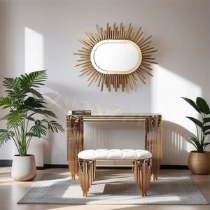 Meubles de salon, nouvelle conception, table <span class=keywords><strong>console</strong></span> en <span class=keywords><strong>acier</strong></span> inoxydable doré, plateau en <span class=keywords><strong>verre</strong></span>, table <span class=keywords><strong>console</strong></span> moderne, tables consoles - Product Image 3
