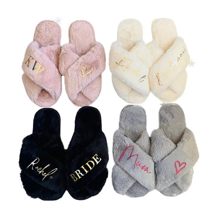 Custom Embroidered LOGO Wedding Gold Silver Stamping Super Pink Furry Winter Slippers for Women