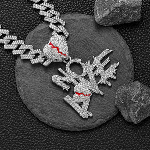 Collana da Uomo Personalizzata Stile Hip-hop con Catena Cubana, Diamanti e Ciondolo a <span class=keywords><strong>Cuore</strong></span> <span class=keywords><strong>Spezzato</strong></span> con Scritta NO LOVE, Vendita all'Ingrosso - Product Image 1