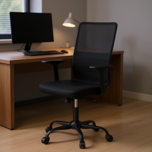 Chaise de bureau en maille noire, 100% polyester, structure métallique, base pivotante, design contemporain confortable - Product Image 2