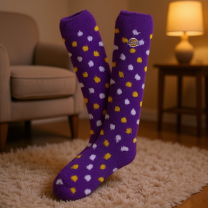 Fbf Originals Chaussettes moelleuses pour femmes Lakers, hauteur genou, violet, jaune, blanc, à pois, chaussettes chaudes d'hiver, douces pour dormir, taille M - Product Image 2