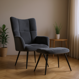 Poltrona Relax in Velluto Grigio Scuro con Poggiapiedi, Arredamento Moderno per Soggiorno in Stile Mid-Century - Product Image 2