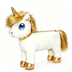 <b>White</b> unicorn plush with gold accents, Gold glitter unicorn horn ,Soft <b>fluffy</b> plush material, Zipper closure plush <b>bag</b> - Product Image 1