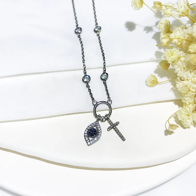 High Quality Hip Hop Gothic Style Jewelry Eye Cross Zircon Pendant 925 Sterling Silver Necklace Chain