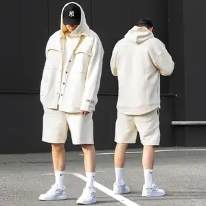 Kişiselleştirilmiş organik pamuk Waffle örgü düğme up Hoodie ceket seti sürdürülebilir çevre dostu erkekler örme kazak termal hoodie
