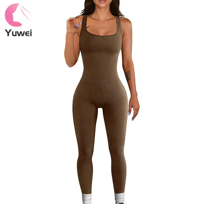 Women's Yoga Ribbed One Piece Tank Tops Rompers Sleeveless Exercise Jumpsuits Yoga Jumpsuit
