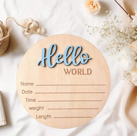 Panneau de naissance rond en bois bleu 3D « Hello World » avec support, plaque gravée avec le nom du bébé pour accessoire photo de nouveau-né et décoration de chambre d'enfant