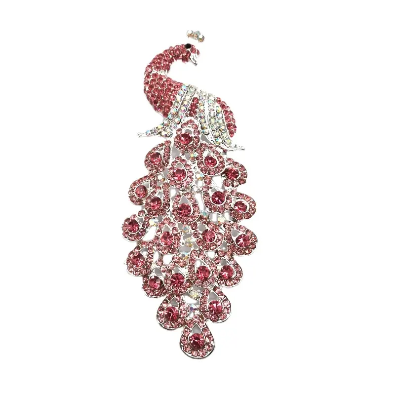 Broche paon Rose et strass, bijou de mode extra Large, plaqué argent et cristal, vente en gros, broche pour femmes, nouvelle collection
