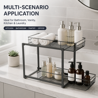 Rak Keranjang Kawat Logam Geser 2 Tingkat untuk Organizer Dapur, Kamar Mandi, Lemari, dan Meja Dapur
