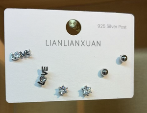 Lianlianxuan 3 Paia di Orecchini a Perno in Argento 925 con Cristalli e Strass, Lettera 'Love', Taglio Brillante Rotondo, per Uso Quotidiano, Unisex - Product Image 3