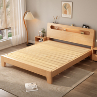Lit en bois massif de style nordique élégant et simple avec tête de lit éclairée et rangement intégré pour hôtel, appartement, chambre double - Vente en gros usine