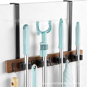 Mop Holder Wall Mounted Storage Rack With <b>Hooks</b> For Bathroom Cleaning <b>Tools</b> Heavy Duty Rectangle Design - Product Image 1