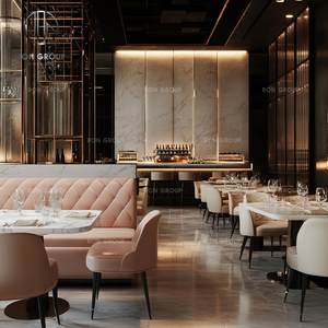Muebles para Cafetería, Juego de Comedor, Mesa de Mármol y Sillas de Cuero, Sofá de Terciopelo con Costuras Verticales Rosas para Restaurante - Product Image 5