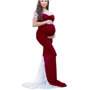 Robe longue extensible en coton rose pour femmes enceintes, vêtements de <span class=keywords><strong>grossesse</strong></span> en jersey, robes de maternité de grande taille pour séance photo, sans épaule - Product Image 2