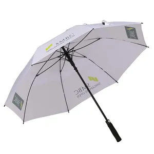 62英寸弧形双层自动白色防风高尔夫雨伞，配以单肩带面料盒