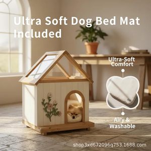 Nouvelle niche pour animaux de compagnie en bois miniature pour intérieur, avec toit translucide et design sculpté à la main, adaptée aux chats et aux chiens. - Product Image 3