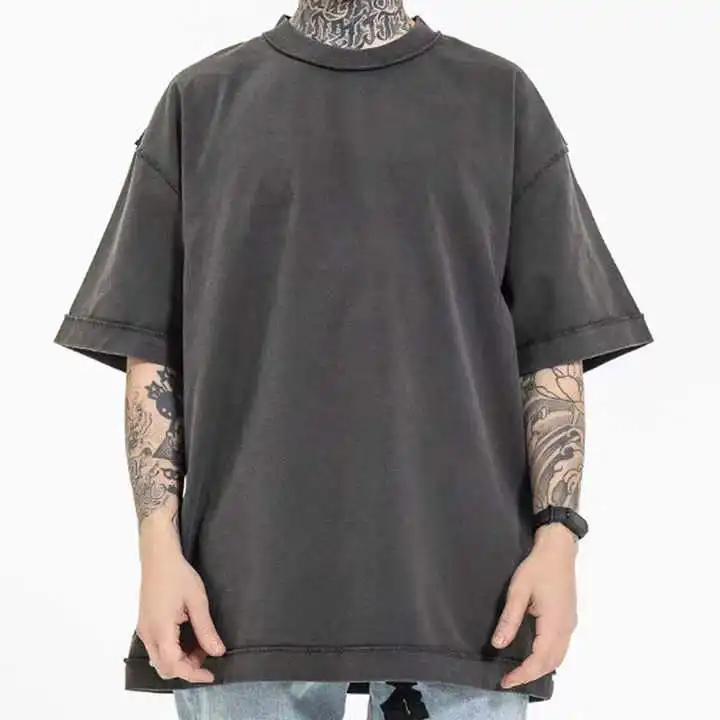 T-shirt da uomo oversize con stampa a spalla scesa in spugna vintage lavata in cotone 100% di alta qualità