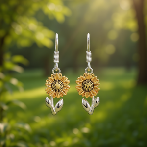 Orecchini pendenti a girasole bicolore E3493 in lega di zinco placcata oro antico, gioielli di moda da donna - Product Image 2