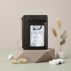 WRIZA Porte-cartes minimaliste en cuir véritable avec fenêtre d'identification, fermeture éclair, porte-clés, pochette avant, portefeuille noir pour femme, portefeuille fin - Product Image 2