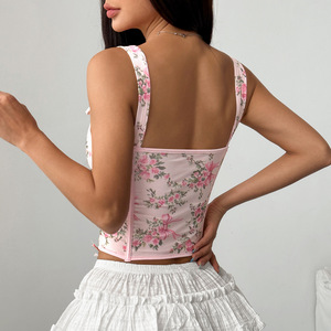 Chuangerm 2025 Nuovo Top Corsetto Vintage Y2K con Stampa Floreale, Allacciatura Incrociata, Fiocco sulla <span class=keywords><strong>Schiena</strong></span>, Maniche a Volant Romantico - Product Image 4