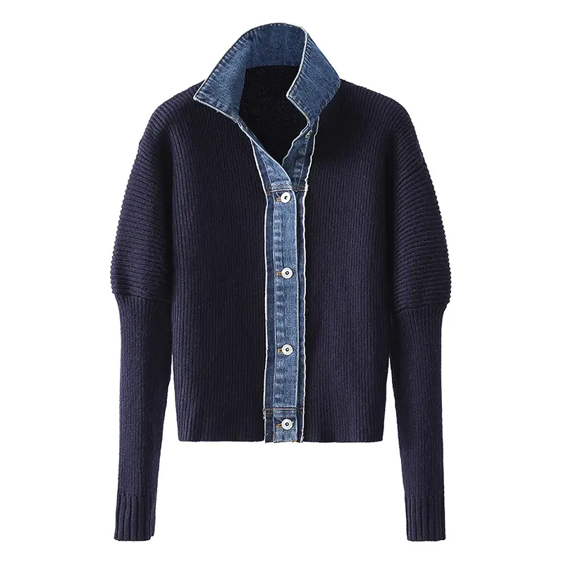 2020 autumn and winter new all-match puff sleeve denim stitching sweater women's jacket